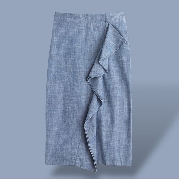 J. Crew ‘Cotton Ruffle Front Pencil Skirt’ in Chambray Blue Size 14 - Picture 3 of 16